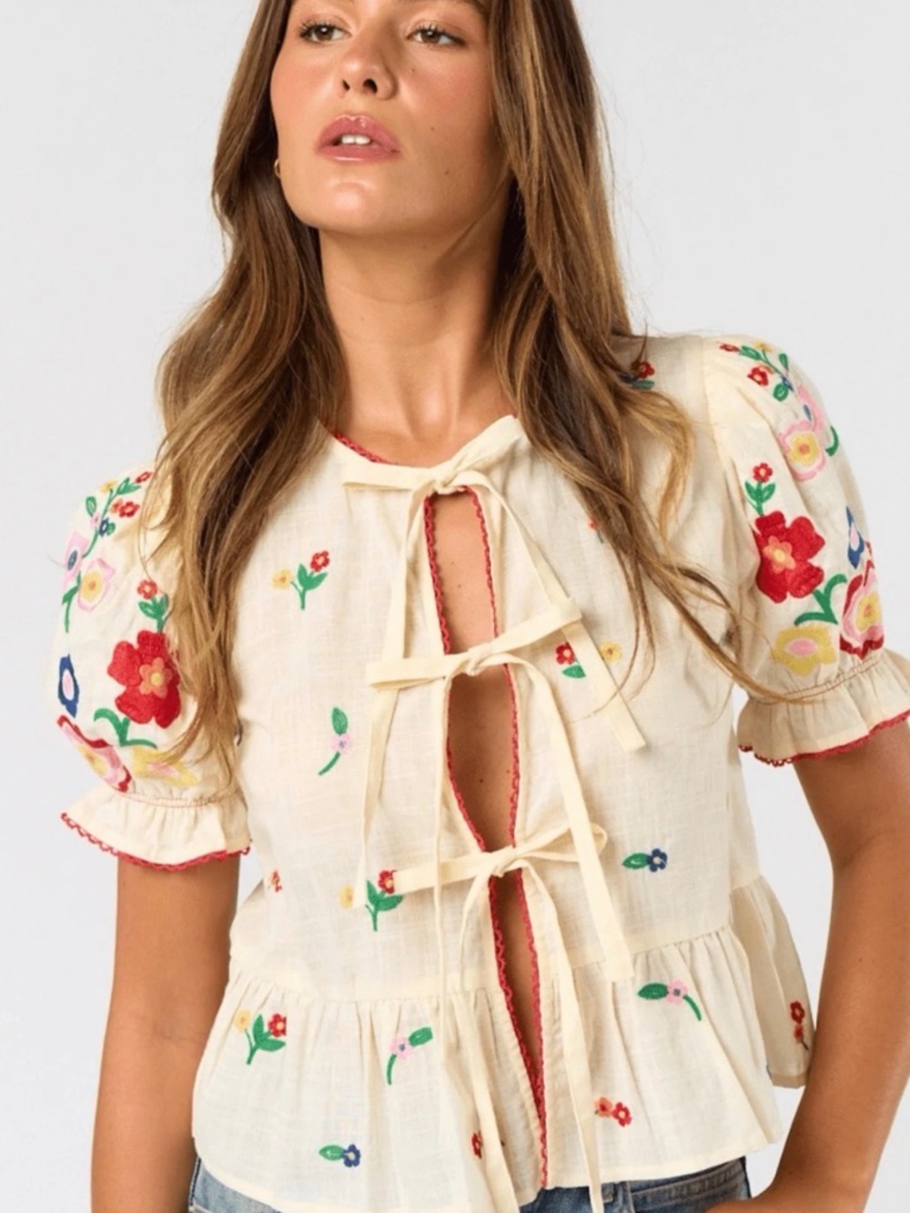 Anthropologie Floral Embroidered Tie Lace Blouse M